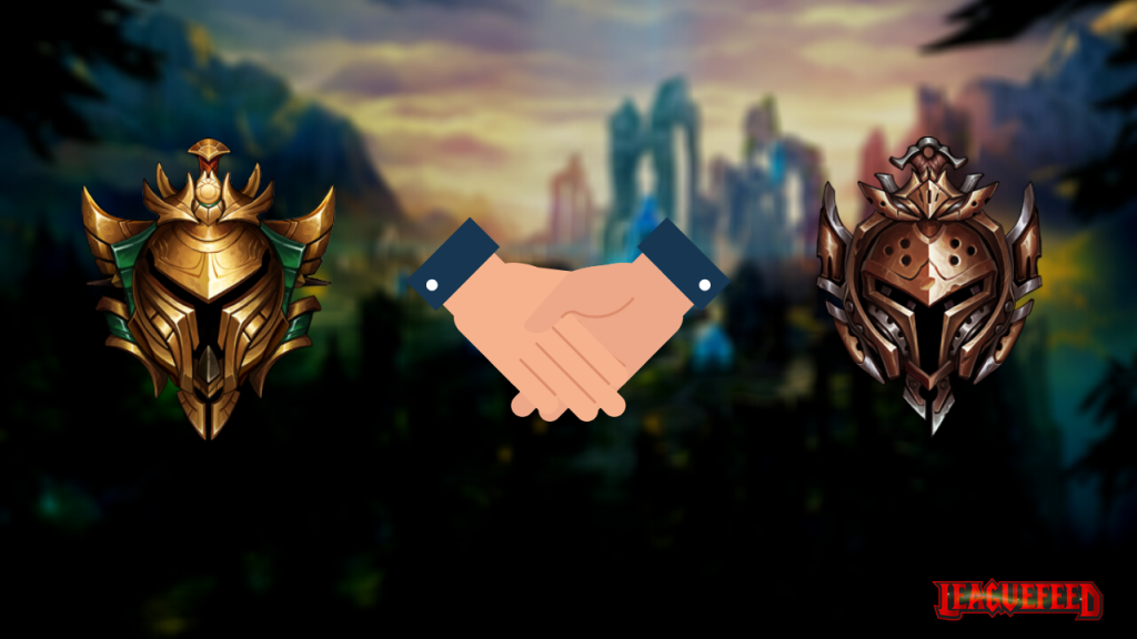 This picture represents the icons of Gold and Bronze League of Legends rank tiers. In this section we're answering the question: "Can gold play with bronze in duo queue?