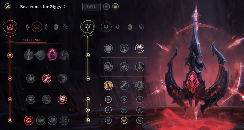 This image shows a best set of runes for Ziggs on ARAM game mode. Ziggs will deal most damage when he's using a Domination as primary set of his runes, and Precision as the second set of his runes. If you stack it right, you'll deal massive damage with Dark Harvest.